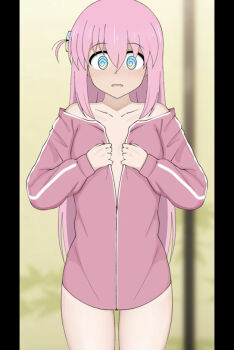 1girl @_@ blue_eyes blush bocchi_the_rock! bottomless breasts collarbone cube_hair_ornament gotoh_hitori hair_bobbles hair_ornament jacket long_hair long_sleeves looking_at_viewer medium_breasts open_mouth pink_hair poa_mellhen red_jacket removing_jacket side_ponytail standing track_jacket undressing