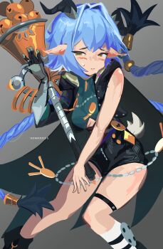 absurdres bell black_shorts blue_hair blush chain green_eyes green_shirt hair_intakes highres horns jingle_bell latex_shorts lucia_elowen pointy_ears shirt shorts shy thigh_strap urennnii zenless_zone_zero