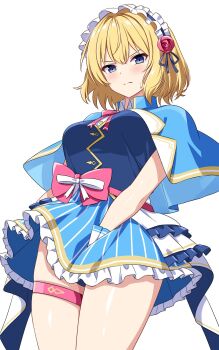 1girl alice_margatroid alternate_costume blonde_hair blue_eyes blue_skirt blue_vest blush bow breasts capelet closed_mouth commentary_request commission embarrassed frilled_hairband frilled_skirt frills hairband highres leotard leotard_under_clothes lolita_hairband looking_at_viewer medium_breasts miniskirt ribbon rise_(rise19851203) second-party_source short_hair simple_background skeb_commission skirt skirt_tug solo sweatdrop thigh_strap touhou touhou_gensou_eclipse variant_set vest white_background