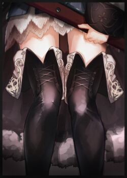 1girl absurdres bad_id bad_twitter_id black_boots bolt_action boots border close-up coat dress female_focus girls'_frontline gun highres kar98k_(girls'_frontline) long_hair long_sleeves lower_body mauser_98 mo_ne rifle solo static thigh_boots thighhighs very_long_hair weapon white_dress white_hair