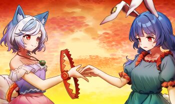 2girls absurdres animal_ear_fluff animal_ears arm_behind_back bear_trap blue_hair braid burukyu collarbone commentary day dress english_commentary fang frilled_dress frilled_sleeves frills frown handshake highres jewelry looking_at_another medium_hair mitsugashira_enoko multiple_girls nervous_sweating off-shoulder_dress off_shoulder outdoors pendant rabbit_ears rabbit_girl rabbit_tail red_eyes seiran_(touhou) short_hair sky smile sunset sweat tail touhou twin_braids upper_body wolf_ears wolf_girl wolf_tail yellow_sky