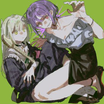 2girls 7-string_guitar bang_dream! bang_dream!_it's_mygo!!!!! black_shoes black_skirt blue_dress breasts chinese_commentary cleavage closed_mouth commentary_request dress electric_guitar extended_range_guitar frilled_shirt frills green_background green_hair grey_shirt guitar guitar_strap hand_up highres instrument kneeling long_hair multiple_girls open_mouth pink_eyes plaid_clothes plaid_dress purple_hair shirt shoes simple_background skirt sssakanaaa sweatdrop wakaba_mutsumi yellow_eyes yuri yuutenji_nyamu