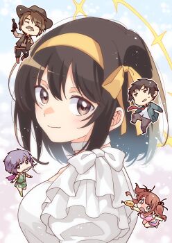 2boys 3girls absurdres asahina_mikuru blazer brown_eyes brown_hair brown_headwear brown_pants chibi chibi_inset closed_eyes closed_mouth collared_shirt commentary_request cowboy_hat dress energy_gun fake_facial_hair fake_mustache frilled_dress frills green_jacket gun hair_ribbon hairband handgun hat highres holding holding_gun holding_weapon jacket kita_high_school_uniform koizumi_itsuki kyon long_sleeves looking_at_viewer looking_to_the_side multiple_boys multiple_girls nagato_yuki necktie open_clothes open_jacket orange_hair pants purple_hair red_necktie revolver ribbon school_uniform sheriff sheriff_badge shirt short_hair smile solo_focus suzumiya_haruhi suzumiya_haruhi_no_yuuutsu taiki_(6240taiki) twintails weapon white_dress white_shirt winter_uniform yellow_hairband yellow_ribbon