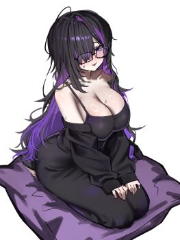 1girl absurdres ahoge bare_shoulders black-framed_eyewear black_cardigan black_dress black_hair breasts cardigan cleavage colored_inner_hair commentary dress full_body ggokoo glasses goddess_of_victory:_nikke hair_over_one_eye highres huge_breasts label_(nikke) long_dress long_sleeves looking_at_viewer mole mole_on_breast multicolored_hair nervous_smile one_eye_covered parted_lips purple_hair seiza simple_background sitting sleeves_past_wrists smile solo sweat sweatdrop two-tone_hair white_background