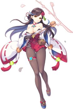 1girl artist_request asclepius_(legend_clover) bare_shoulders blue_hair breasts brown_hair cleavage colored_inner_hair falling_petals full_body game_cg highres hishaku holding japanese_clothes legend_clover light_smile looking_at_viewer multicolored_hair official_alternate_costume official_art orange_eyes pantyhose petals solo third-party_source transparent_background