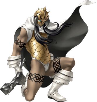 Rule 34 | 1boy, absurdres, armor, cape, clenched hand, demon (megami tensei), fake horns, hammer, helmet, highres, horned helmet, horns, kazuma kaneko, long hair, male focus, mjolnir (megami tensei), official art, on one knee, photoshop (medium), shin megami tensei, shin megami tensei i, solo, squatting, tattoo, third-party source, thor (megami tensei), transparent background