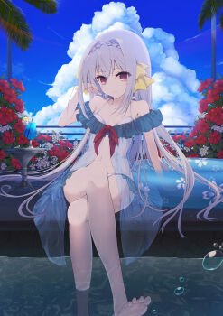 1girl arm_at_side bare_legs bare_shoulders barefoot bikini blue_sky bow braid breasts cherry_blossom_print closed_mouth cloud coffee1223 collarbone commentary crossed_legs crown_braid cumulonimbus_cloud curvy eyelashes eyes_visible_through_hair floral_print flower foot_out_of_frame grey_hair hair_between_eyes hair_bow hair_intakes hair_spread_out hand_up hibiscus highres innertube leaning_back light_blush long_hair looking_at_viewer navel outdoors palm_leaf poolside red_eyes red_flower relaxing ribbon sakurakouji_luna sitting sky small_breasts smile soaking_feet solo swim_ring swimsuit tsuki_ni_yorisou_otome_no_sahou very_long_hair water water_drop white_bikini white_flower white_ribbon yellow_bow