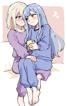 2girls bang_dream! bang_dream!_it&#039;s_mygo!!!!! barefoot blue_hair blue_pants blue_shirt blush closed_mouth commentary_request couple cup highres holding holding_cup long_hair long_sleeves medium_hair misumi_uika multiple_girls on_lap pajamas pants penguinbu purple_eyes purple_pants purple_shirt shirt sidelocks sitting togawa_sakiko yellow_eyes yuri