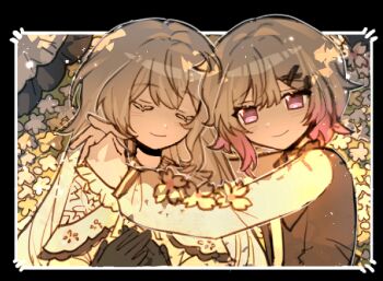 2girls artist_request black_border black_gloves black_hat border chinese_commentary closed_eyes closed_mouth commentary_request commission floral_background gloves gradient_hair hair_ornament hat hug long_hair long_sleeves looking_at_viewer lying mahou_shoujo_no_majo_saiban multicolored_hair multiple_girls on_back outside_border pink_eyes sakuraba_ema second-party_source short_hair sleeping smile spoilers tsukishiro_yuki upper_body white_hair x_hair_ornament