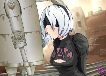 1girl animated animated_gif blindfold bound bound_wrists cum cum_in_mouth derpixon fellatio irrumatio machine machine_(nier) nier:automata nier_(series) oral rape restrained saliva white_hair 2b_(nier:automata)