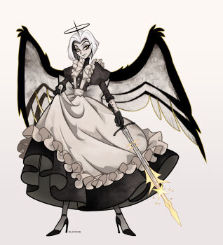 1girl absurdres angel angel_wings animification apron black_halo black_lips black_wings dressing eyelashes feathered_wings frilled_apron frills gloves glowing glowing_halo grey_hair grey_wings halo hazbin_hotel hellaverse highres holding holding_sword holding_weapon lanveril lute_(hazbin_hotel) maid maid_apron maid_headdress short_hair solo sword two-tone_wings waist_apron weapon white_apron white_hair wings yellow_eyes