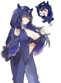 1girl absurdres akurin_14 black_bodysuit black_bra black_hair blue_hair bodysuit bra breasts chibi chibi_inset cleavage cowboy_shot highres hololive hololive_english large_breasts long_hair mole mole_under_eye multicolored_hair nerissa_ravencroft onesie purple_eyes simple_background solo two-tone_hair underwear virtual_youtuber white_background
