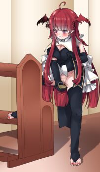 1girl :3 ahoge antenna_hair araka_luto black_gloves blush breasts butterfly_hair_ornament censored clothes_lift commentary copyright_request cup demon_girl demon_wings dress drinking_glass elbow_gloves english_commentary equus_ignis gloves hair_ornament head_wings highres holding holding_cup indoors long_hair medium_breasts mosaic_censoring no_panties no_shoes peeing peeing_in_cup pew pink_eyes pointy_ears pussy red_eyes red_hair solo standing thighhighs toeless_legwear toes virtual_youtuber wings