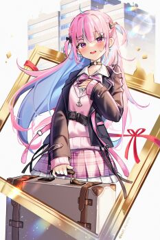 1girl absurdres ahoge anchor_ornament antennae artist_name belt black_belt black_bow black_choker blazer blue_hair blush bow building cardigan cat_choker cat_hair_ornament choker collared_shirt colored_inner_hair earrings hair_bow hair_ornament hairclip hand_on_own_chest heart heart_earrings highres holding holding_suitcase hololive jacket jewelry kuri_(animejpholic) lens_flare long_hair long_sleeves looking_at_viewer minato_aqua minato_aqua_(school_uniform) multicolored_hair o-ring open_clothes open_jacket open_mouth picture_frame pink_bow pink_cardigan pink_eyes pink_hair pink_ribbon pink_skirt plaid_clothes plaid_skirt pocket purple_jacket ribbon school_uniform shards shirt skirt sleeves_past_wrists smile solo streaked_hair striped_bow suitcase teeth twitter_username two-tone_hair two_side_up upper_teeth_only virtual_youtuber white_background white_shirt