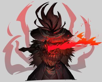 1boy brown_bandages brown_coat brown_hair brown_hat coat commentary_request cowboy_shot feathers fire flaming_sword flaming_weapon hat heathcliff_(project_moon) heishou_pack-you_branch_(identity)_(project_moon) highres holding holding_sword holding_weapon limbus_company project_moon red_feathers red_ribbon ribbon solo sword weapon wrist_wrap yakihatake