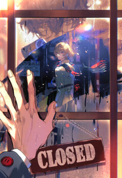 2boys absurdres akechi_gorou amamiya_ren black_gloves brown_coat brown_hair chinese_commentary coat commentary_request glasses gloves highres mask multiple_boys pants persona persona_5 persona_5_the_royal plaid_clothes plaid_pants plaid_scarf red_gloves scarf xingkong_mie_geng