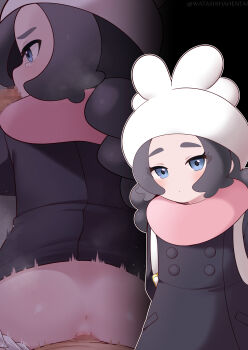 1girl 2boys absurdres akinashi_koyomi ansha_(pokemon) anus black_coat blue_eyes blush censored closed_mouth coat commentary_request fellatio hat hetero highres loli long_hair mosaic_censoring motion_blur multiple_boys multiple_views nintendo oral outline pink_scarf pokemon pokemon_legends:_z-a scarf sex strap tearing_up twitter_username vaginal watermark white_hat
