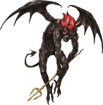 Rule 34 | 1boy, artist request, black skin, colored skin, daemon (megami tensei), demon (megami tensei), demon tail, demon wings, holding, holding pitchfork, horns, official art, pitchfork, red eyes, red hair, sharp teeth, shin megami tensei, shin megami tensei v, solo, spiked skin, spikes, tail, teeth, third-party source, transparent background, wings