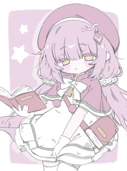 1girl :o beret blush_stickers book book_holster border bow bowtie capelet colored_eyelashes commentary_request cowboy_shot dress gloves green_trim hat highres holding holding_book izumi_(yura_izumi) long_hair low_twintails no_pupils open_book original outside_border pink_background pink_capelet pink_hair pink_hat pom_pom_(clothes) shoulder_strap solo star_(symbol) thighhighs twintails white_border white_bow white_bowtie white_dress white_gloves white_thighhighs yellow_eyes