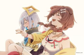 Rule 34 | 2girls, amane kanata, amane kanata (1st costume), angel wings, animal collar, animal ears, armband, blue bow, blue bowtie, blue hair, bob cut, bone hair ornament, bow, bowtie, braid, breasts, brown hair, brown tail, casino (casinoep), cleavage, collar, colored inner hair, commentary request, crying, dog ears, dog girl, dog tail, dress, feathered wings, grey hair, grey jacket, hair ornament, hairclip, halo, highres, hololive, inugami korone, inugami korone (1st costume), jacket, large breasts, laughing, long hair, low twin braids, mini wings, multicolored hair, multiple girls, open clothes, open jacket, open mouth, pink streaks, red collar, red socks, short dress, short hair, simple background, single off shoulder, sleeveless, sleeveless dress, smile, socks, star halo, streaked hair, streaming tears, tail, tearing up, tears, tilted halo, turtleneck, twin braids, virtual graduation commemoration, virtual youtuber, white background, white dress, white wings, wings, yellow jacket