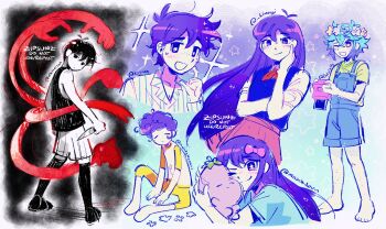 &gt;_o +_+ 2girls 4boys :d ;) ;d alternate_eye_color antenna_hair aqua_background aqua_hair artist_name aubrey_(headspace)_(omori) aubrey_(omori) bare_arms bare_legs bare_shoulders barefoot basil_(headspace)_(omori) basil_(omori) black_background black_eyes black_hair black_shirt black_socks blue_flower blue_overalls blue_rose blue_sweater_vest border bow bright_pupils brother_and_sister brown_skirt camera collarbone collared_shirt colored_skin commentary cropped_torso double-parted_bangs empty_eyes english_commentary expressionless extra_arms finger_to_cheek flower flower_wreath freckles from_behind full_body gradient_background green_shirt grey_flower grin hair_between_eyes hair_bow hand_on_own_arm hand_on_own_cheek hand_on_own_face hand_up head_wreath hero_(headspace)_(omori) hero_(omori) highres holding holding_camera holding_knife holding_stuffed_toy indian_style jitome knee_up kneehighs knees_apart_feet_together knife legs_apart long_hair long_sleeves looking_at_viewer looking_back mari_(headspace)_(omori) mari_(omori) miniskirt mr._plantegg_(omori) multiple_boys multiple_girls neb_(omori) neckerchief omori omori_(omori) one_eye_closed open_mouth outline outside_border overall_shorts overalls pants photo_(object) pink_bow pink_eyes pinstripe_pattern pinstripe_shirt pinstripe_shorts pleated_skirt purple_background purple_eyes purple_hair raglan_sleeves red_neckerchief reverse_grip rose shirt short_hair short_sleeves shorts siblings simple_background sitting skirt sleeveless sleeveless_shirt smile socks sparkle standing star_(symbol) star_symbol_background straight_hair stuffed_eggplant stuffed_toy sweatdrop sweater_vest toes two-tone_shirt very_long_hair very_short_hair watermark white_border white_outline white_pupils white_shirt white_shorts white_skin yellow_flower yellow_pants yellow_shirt zipsunz