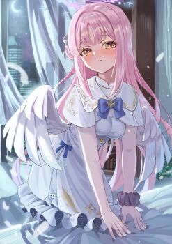 1girl absurdres alternate_breast_size_(smaller) bed_sheet blue_archive blue_bow blue_bowtie blush bow bowtie breasts commentary_request crescent_moon dress feathered_wings halo highres indoors leaning_forward long_hair looking_at_viewer low_wings medium_breasts mika_(blue_archive) moon night parted_lips pink_hair pink_halo purple_scrunchie scrunchie short_sleeves sigma_1221 solo trinity_general_school_logo very_long_hair white_dress white_wings wings yellow_eyes