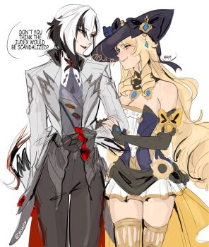 2girls arlecchino_(genshin_impact) artist_name bare_shoulders black_bow black_choker black_eyes black_gloves black_hair black_hands black_hat black_lips black_pants blonde_hair blue_eyes blush bow breasts cape choker cleavage closed_mouth colored_extremities commentary cowboy_shot dress drill_hair elbow_gloves english_commentary english_text fingerless_gloves genshin_impact gloves grey_vest hair_between_eyes half-closed_eyes hat hat_bow highres jacket jewelry lapels long_hair looking_at_another low_ponytail medium_breasts multicolored_hair multiple_girls multiple_rings navia_(genshin_impact) necklace open_clothes open_jacket pants pink_lips ponytail red_pupils ring seijousai shirt simple_background sleeveless sleeveless_dress smile speech_bubble standing strapless strapless_dress symbol-shaped_pupils teeth two-tone_hair vest white_background white_dress white_hair white_jacket white_shirt x-shaped_pupils yellow_bow yellow_cape yuri