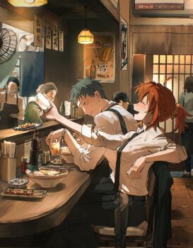 alcohol apron armrest beer beer_bottle black_necktie black_pants blush bowl chair chopsticks closed_eyes collared_shirt cup drunk electric_fan fate/grand_order fate_(series) food formal_clothes fujimaru_ritsuka_(female) glass grey_hair highres holding holding_chopsticks holding_cup indoors long_sleeves mimulishizi necktie necktie_over_shoulder noodles noren orange_hair pants plate ponytail ramen saitou_hajime_(fate) scrunchie shirt short_ponytail shouji sitting sleeves_rolled_up sliding_doors smile watch white_shirt wristwatch yakitori yellow_scrunchie