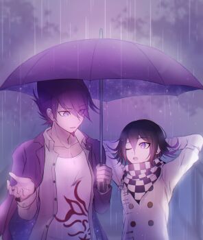 2boys absurdres arms_behind_head black_hair buttons checkered_clothes checkered_scarf collarbone collared_jacket commentary danganronpa_(series) danganronpa_v3:_killing_harmony facial_hair flipped_hair goatee hair_between_eyes height_difference highres holding holding_umbrella jacket long_sleeves male_focus momota_kaito multicolored_buttons multiple_boys oma_kokichi one_eye_closed open_clothes open_mouth purple_eyes purple_facial_hair purple_hair purple_theme purple_umbrella rain scarf shared_umbrella shirt short_hair space_print spiked_hair starry_sky_print talking tokilos two-tone_scarf umbrella upper_body