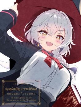 >:) +_+ 1girl :d absurdres black_skirt blue_archive blush book bow bowtie braid breasts commentary_request dress_shirt eri_(blue_archive) from_below furisuku_(gerbera) hat highres holding holding_book jacket lap_pillow large_breasts long_hair long_sleeves looking_at_viewer open_clothes open_jacket open_mouth pov red_bow red_bowtie shirt simple_background single_braid skirt smile solo upper_body v-shaped_eyebrows white_background white_hair white_shirt witch_hat