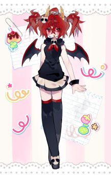 1girl black_hoodie boots chervya commission demon_girl demon_horns demon_wings food hair_ornament highres hood hoodie horns miniskirt original pudding red_hair short_twintails skirt skull skull_hair_ornament thigh_boots twintails wings