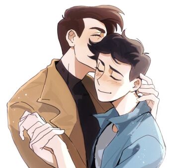 Rule 34 | 2boys, anthony stellar, black hair, blush, brown coat, brown hair, brown jacket, closed eyes, coat, couple, elijah douchnov, highres, holding hands, jacket, kiss, kissing forehead, male focus, multiple boys, my student spirit, shirt, short hair, simple background, smile, upper body, white background, yaoi, yy20251111