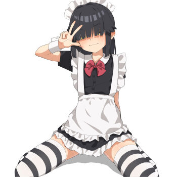 1girl absurdres apron black_hair female_focus gesture highres loli looking_at_viewer lucy_loud maid_apron maid_headdress onion_(tamanegi) sitting smile solo the_loud_house thighhighs wariza