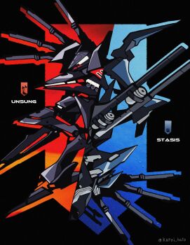 armor armored_core armored_core:_for_answer blue_armor blue_eyes character_name gun highres holding holding_gun holding_weapon humanoid_robot kuroihato mecha mecha_focus no_humans red_eyes reverse-jointed_legs robot science_fiction shoulder_cannon split_screen standing stasis unsung upside-down weapon