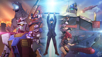 1girl 4boys artist_self-insert autobot baseball_cap black_gloves black_jacket black_pants black_shoes blue_eyes blue_necktie breasts brown_hair brown_shirt brown_vest bumblebee_(movie) captain_rex clone_trooper cloud commentary cowlick crossover dated dinofarm english_commentary fio_germi fire glasses gloves glowing glowing_eye godzilla godzilla:_final_wars godzilla_(series) goutengou green_hat green_shorts green_vest gundam hat helmet highres holding holding_stylus jacket kaiju kamen_rider kamen_rider_555 kamen_rider_faiz mecha medium_breasts metal_slug mobile_suit mobile_suit_gundam multiple_boys multiple_crossover necktie ongget1 optimus_prime pants red_eyes red_hair robot rock_(dinofarm) rx-78-2_gundam science_fiction shirt shoes shorts signature smile space spacecraft star_wars star_wars:_the_clone_wars stylus toho tokusatsu transformers transformers_(live_action) uchuu_senkan_yamato v-fin vest yamato_(uchuu_senkan_yamato) yellow_eyes