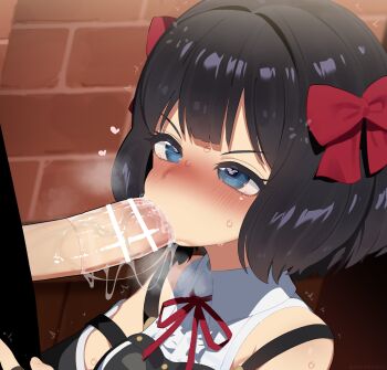 1boy 1girl absurdres bar_censor black_hair blue_eyes blush bow breasts censored commentary_request fellatio hair_bow heart heart-shaped_pupils hetero highres large_breasts mizumizuni nageki_no_bourei_wa_intaishitai oral penis red_bow saliva short_hair solo_focus sweat symbol-shaped_pupils tino_shade upper_body