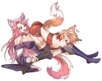 2girls animal_ears artist_request bite_mark blue_eyes commission commissioner_upload fox_ears fox_tail fox_tamer_(sakura_dungeon) grabbing_another&#039;s_ankle grabbing_another&#039;s_tail heavy_breathing highres hugging_another&#039;s_leg japanese_clothes kimono multiple_girls non-web_source orange_hair pink_hair sakura_dungeon smile sweat tail trembling yellow_eyes yomi_(sakura_dungeon) yuri