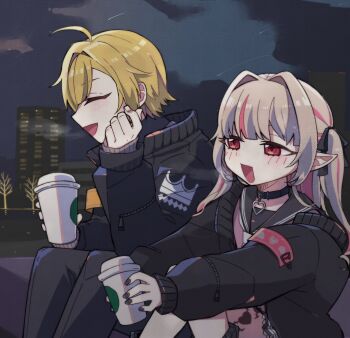 1boy 1girl 72haze116 armband bare_tree black_choker black_jacket black_nails black_pants black_ribbon black_sailor_collar blonde_hair blunt_bangs blush breath building choker closed_eyes colored_inner_hair commentary_request cowboy_shot drill_hair drink flipped_hair green_eyes grey_hair grey_shirt hair_between_eyes hair_intakes hair_over_shoulder hair_ribbon halftone heart heart_choker highres holding holding_drink jacket knees_up leg_tattoo long_hair looking_ahead makaino_ririmu multicolored_hair nail_polish neckerchief night nijisanji off_shoulder official_alternate_costume open_clothes open_jacket open_mouth pants pink_hair pink_streaks pointy_ears profile red_eyes ribbon safety_pin sailor_collar school_uniform serafuku shirt shooting_star short_hair sidelocks sitting sky sleeves_past_wrists smile streaked_hair tattoo tree two-tone_hair two_side_up uzuki_kou virtual_youtuber white_neckerchief winged_heart winged_heart_tattoo zipper zipper_pull_tab