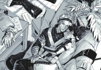 Rule 34 | 2boys, 5mll3, arm up, bakugou katsuki, bandaged fingers, bandages, bandaid, bandaid on face, belt, belt pouch, boku no hero academia, boots, closed eyes, closed mouth, couch, eye mask, folder, gauze, gauze on cheek, gloves, greyscale, hand on another's arm, hand on another's leg, lying, male focus, mask, mask lift, midoriya izuku, monochrome, multiple boys, on back, on couch, on side, pants, paper, pillow, plant, potted plant, pouch, short hair, smile, spiked hair, superhero costume, table, unworn boots, unworn clothes, unworn gloves, wooden floor, yaoi