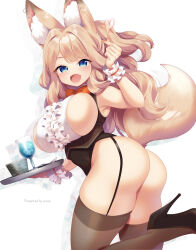 Rule 34 | 1girl, animal ear fluff, animal ear piercing, animal ears, armpits, artist name, ass, black leotard, blonde hair, blue eyes, bow, bowtie, breastless leotard, breasts, brown thighhighs, center frills, drink, fang, fox ears, fox girl, fox tail, frills, hair intakes, high heels, highres, large breasts, leotard, long hair, looking back, miyano ururu, nontraditional playboy bunny, open mouth, orange bow, orange bowtie, original, parted bangs, sideboob, simple background, smile, solo, tail, thighhighs, twisted torso, white background, wrist cuffs