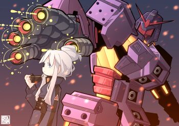 Rule 34 | 1girl, absurdres, aiming, beam cannon, blue eyes, chest cannon, commentary request, deux murasame, energy, energy gun, finger cannon, glowing, gundam, gundam gquuuuuux, gylmyr, highres, machinery, mecha, mecha pilot suit, mobile armor, normal suit (gundam), psycho gundam (gquuuuuux), red visor, removing mask, robot, science fiction, signature, v-fin, weapon, white hair