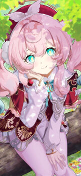 1girl absurdres blue_eyes blue_hair closed_mouth commentary_request dappled_sunlight day gradient_hair hair_between_eyes hand_up hat highres honkai:_star_rail honkai_(series) hyacine_(honkai:_star_rail) long_hair long_sleeves looking_at_viewer multicolored_hair on_branch outdoors pink_hair red_hat roze_(roze_rium) sitting_on_branch smile solo star_(symbol) star_in_eye sunlight symbol_in_eye twintails very_long_hair