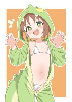 1girl absurdres animal_hood bikini brown_hair claw_pose collarbone colored_inner_hair cosplay cowboy_shot dinosaur_costume dinosaur_tail dot_nose fake_tail fang female_focus flat_chest green_eyes green_onesie hands_up highres hood hood_up hooded_pajamas kigurumi loli long_sleeves medium_hair micro_bikini multicolored_hair navel oka_asahi onesie onii-chan_wa_oshimai! open_clothes open_mouth open_onesie orange_background orange_hair pajamas smile solo standing swimsuit tail tooteki two-tone_background two-tone_hair unzipped white_background white_bikini