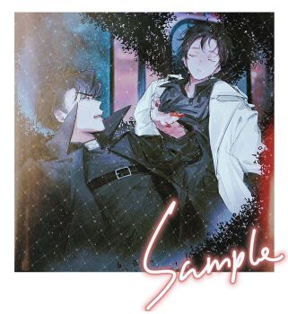 2boys black_coat black_hair black_shirt blood blood_on_hands chest_belt closed_eyes coat collared_shirt english_text film_grain hand_up highres kim_dokja looking_at_another male_focus multiple_boys narrowed_eyes oldest_dream omniscient_reader&#039;s_viewpoint open_clothes open_coat open_mouth outdoors photo_(object) popped_collar shirt short_hair toupou39 tree upper_body white_coat yoo_joonghyuk