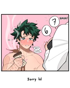 Rule 34 | 1boy, 1girl, 67 (meme), absurdres, blush, boku no hero academia, breasts, commentary, english commentary, english text, freckles, green eyes, green hair, highres, loopvoid, meme, midoriya izuku, official alternate hairstyle, open mouth, scar, scar on face, speech bubble, spiked hair, uraraka ochako, zoomer slang