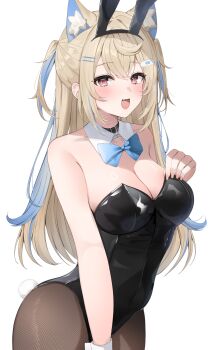 1girl :d absurdres animal_ear_hairband animal_ears bandaid bandaid_hair_ornament bare_shoulders black_leotard blonde_hair blue_bow blue_bowtie blue_hair bow bowtie breasts cleavage commentary crossed_bangs detached_collar dog_ears dog_girl double-parted_bangs english_commentary extra_ears fake_animal_ears fang fuwawa_abyssgard hair_between_eyes hair_ornament hairband hairclip highres hololive hololive_english large_breasts leotard long_hair looking_at_viewer multicolored_hair nanase_nayumu open_mouth pantyhose parallel_hairclips pink_eyes playboy_bunny rabbit_ear_hairband rabbit_ears simple_background skin_fang smile solo strapless strapless_leotard streaked_hair two_side_up virtual_youtuber white_background white_wrist_cuffs wrist_cuffs