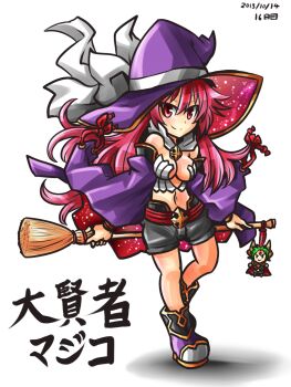 1girl 2013 black_shoes black_shorts bow breasts broom charm_(object) cleavage closed_mouth commentary_request crop_top daikenja_magiko detached_sleeves gold_trim hair_between_eyes hat hat_bow hebitsukai-san highres holding holding_broom large_breasts long_hair looking_at_viewer magiko_magika midriff multicolored_shoes pink_hair purple_hat purple_shoes red_eyes shinrabanshou shoes shorts solo standing standing_on_one_leg white_background white_bow white_shoes witch witch_hat