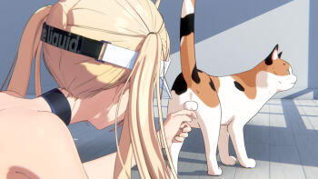 1girl 3d akehi_yuki backless_leotard black_leotard blonde_hair blue_eyes caressing_testicles cat commentary_request from_behind hat highleg highleg_leotard indoors leotard long_hair miyo_(akehi_yuki) original paid_reward_available testicles twintails visor_cap white_hat wooden_floor