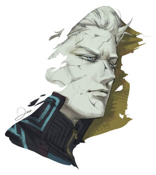 Rule 34 | 1boy, absurdres, blue coat, blue eyes, close-up, closed mouth, coat, cracked skin, devil may cry (series), devil may cry 5, du0 n1zh, hair between eyes, hair slicked back, hashtag-only commentary, highres, hood, lips, male focus, pale skin, portrait, short hair, simple background, solo, vergil (devil may cry), white background, white hair