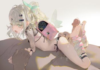 1boy 1girl backpack bag bare_shoulders blush censored chinatsu_remiel earrings erection green_eyes grey_hair highres jewelry leg_warmers loli long_hair looking_at_viewer musical_note_earrings open_mouth penis pumpkinspicelatte striped_leg_warmers winged_bag zenless_zone_zero